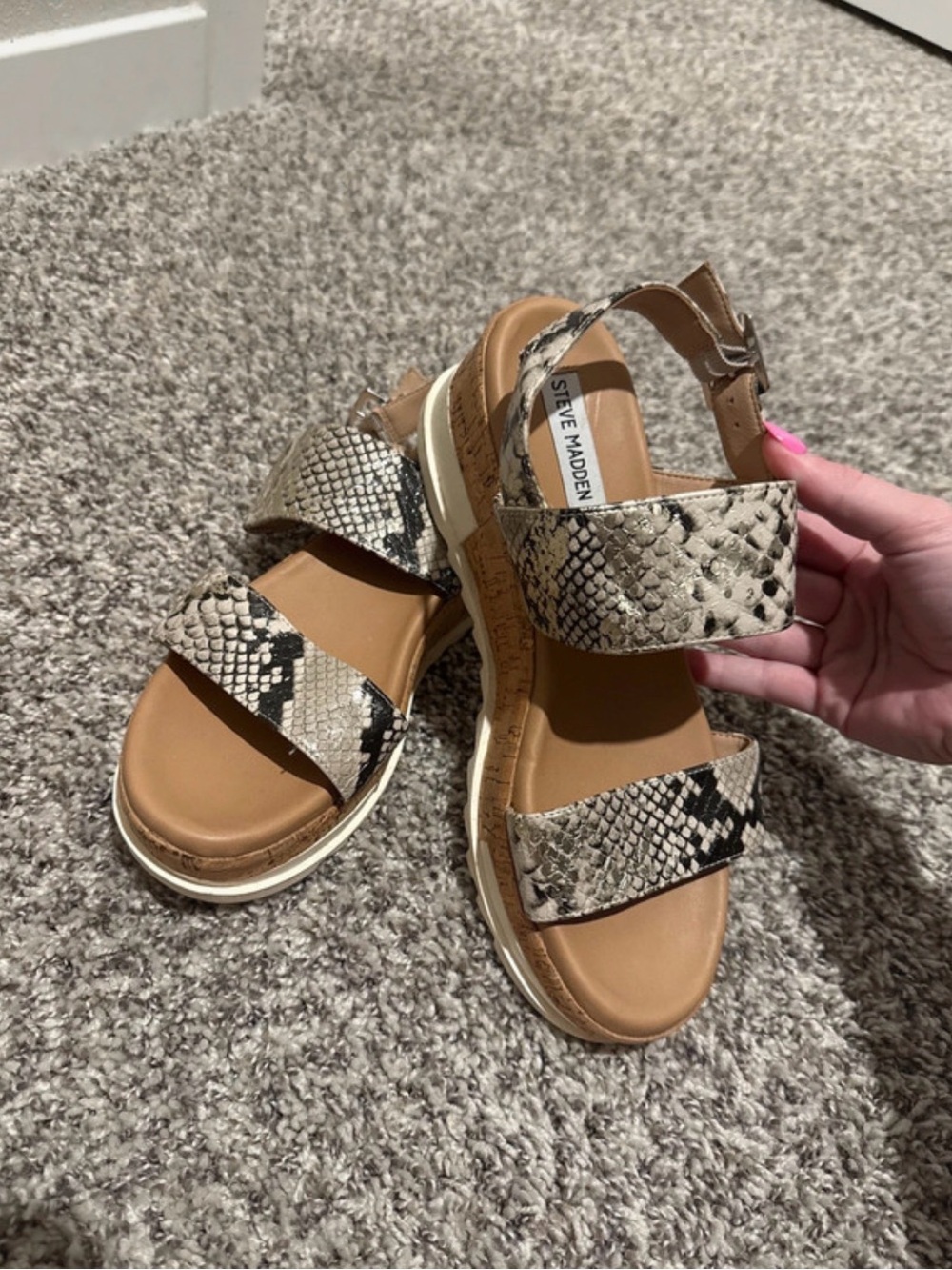 Steve Madden Snake-Print Platform Sandals in Tan and Black